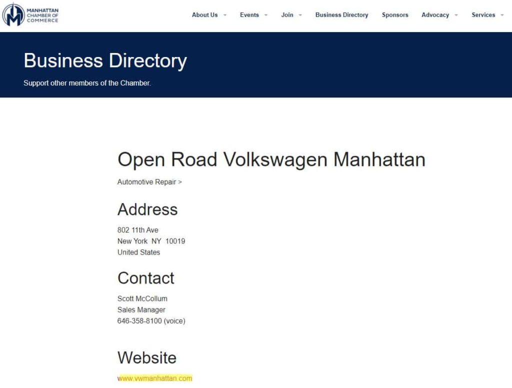 An example backlink from the Manhattan Chamber of Commerce.